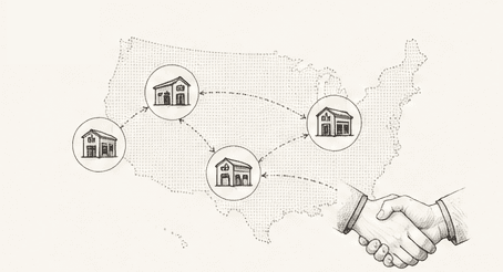 Sketch of a US map with workshop pins linked by routes, beside a handshake